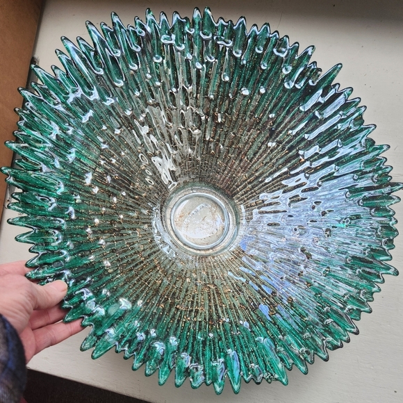 🦋Beautiful Sunburst Glass Accent Bowl Glossy Teal Gold Silver - Picture 2 of 15
